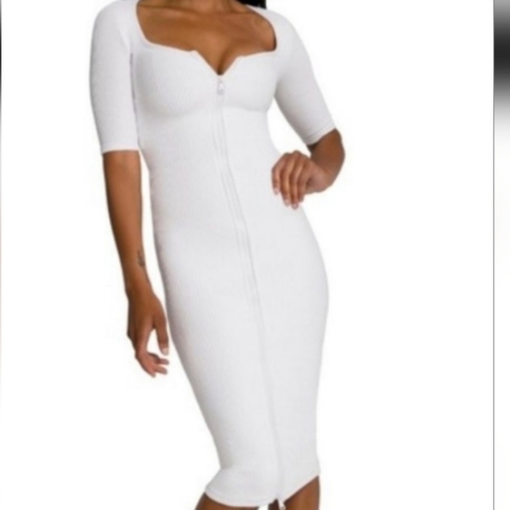 Good American White ZIP UP MIDI Sleeve Dress SIZE 5